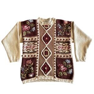 Jennifer & Company VTG 90s Hand Knit Cotton Blend Cottage Cabbage Rose Sweater L